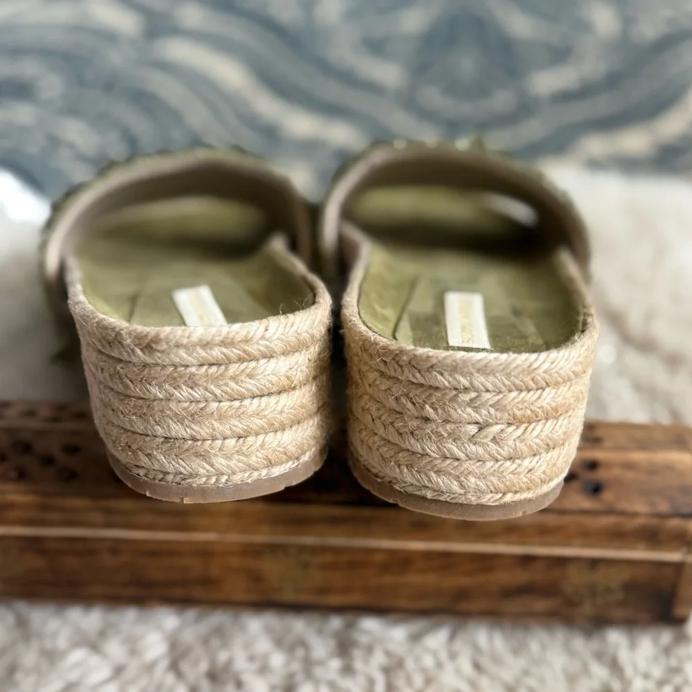 Paloma Barceló Olive Green Raffia Platform Slide Sandals - Picture 7 of 11